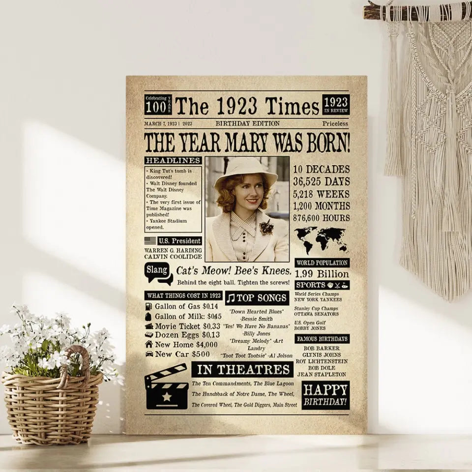 The 1923 Times Birthday Edition - Personalized Canvas/Poster