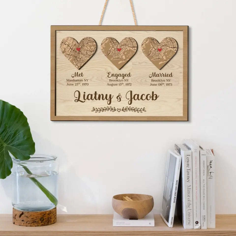 Couple Wooden Sign Personalized Valentine Gifts - Heart Map When Met Engaged Married Custom Wooden Art Anniversary Gift For Couples