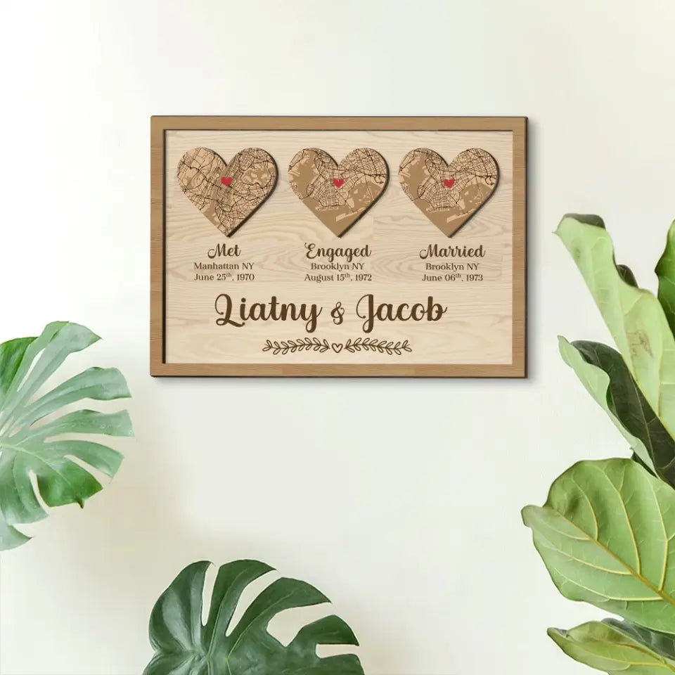 Couple Wooden Sign Personalized Valentine Gifts - Heart Map When Met Engaged Married Custom Wooden Art Anniversary Gift For Couples