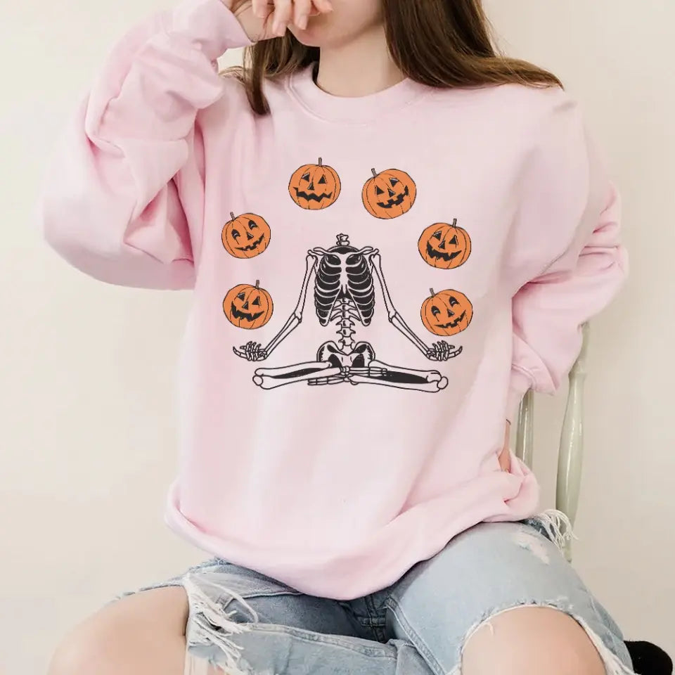 Namaste Pumpkin Skeleton Spooky Shirt - Standard Crew Neck Sweatshirt - Halloween Gift | 307IHPBNTS897