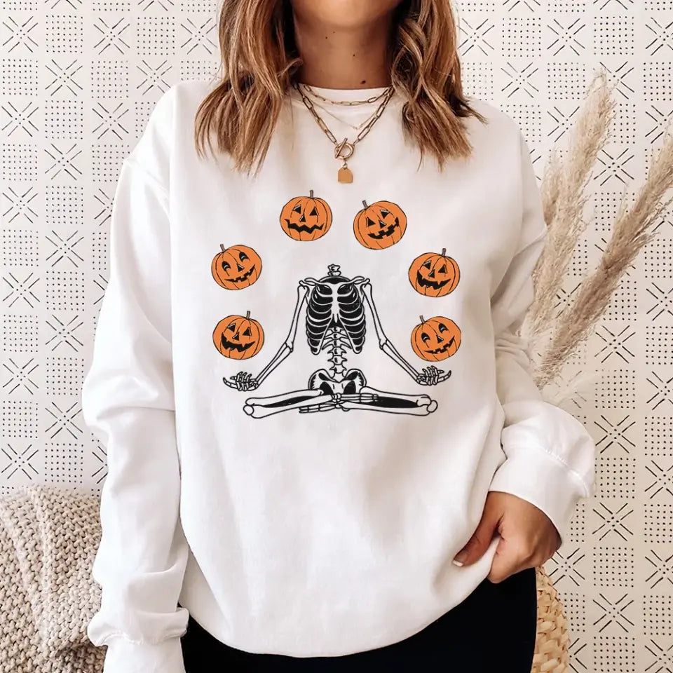 Namaste Pumpkin Skeleton Spooky Shirt - Standard Crew Neck Sweatshirt - Halloween Gift | 307IHPBNTS897