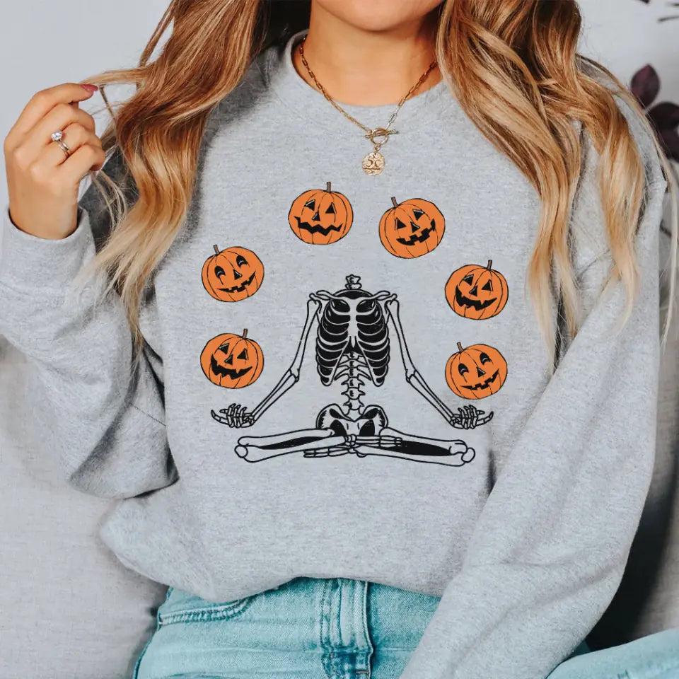 Namaste Pumpkin Skeleton Spooky Shirt - Standard Crew Neck Sweatshirt - Halloween Gift | 307IHPBNTS897