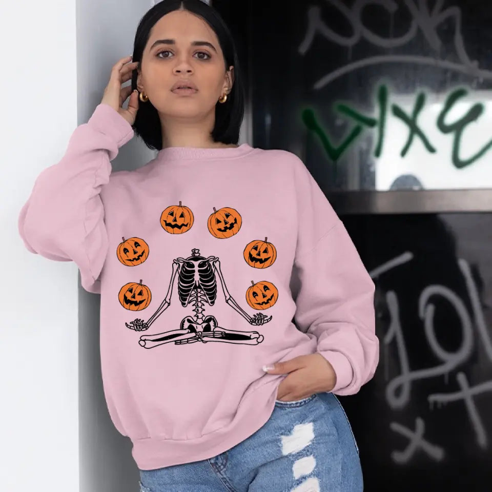 Namaste Pumpkin Skeleton Spooky Shirt - Standard Crew Neck Sweatshirt - Halloween Gift | 307IHPBNTS897