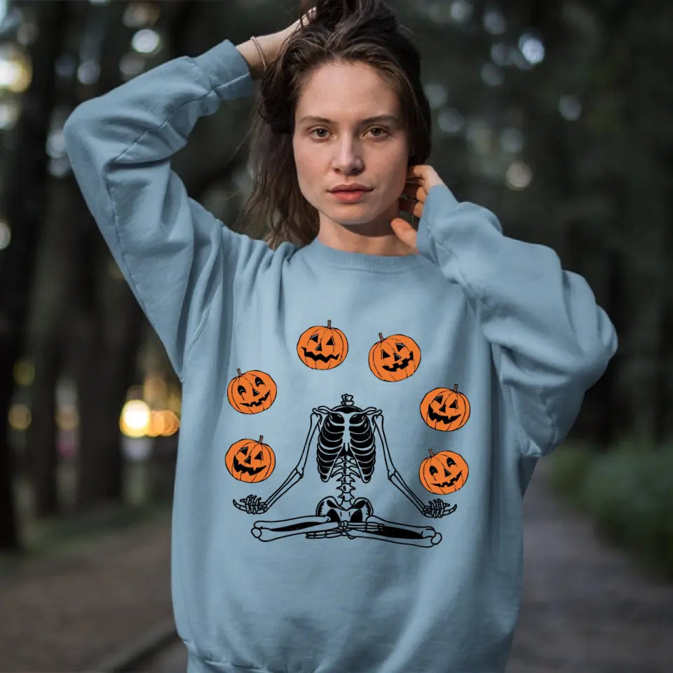 Namaste Pumpkin Skeleton Spooky Shirt - Standard Crew Neck Sweatshirt - Halloween Gift | 307IHPBNTS897