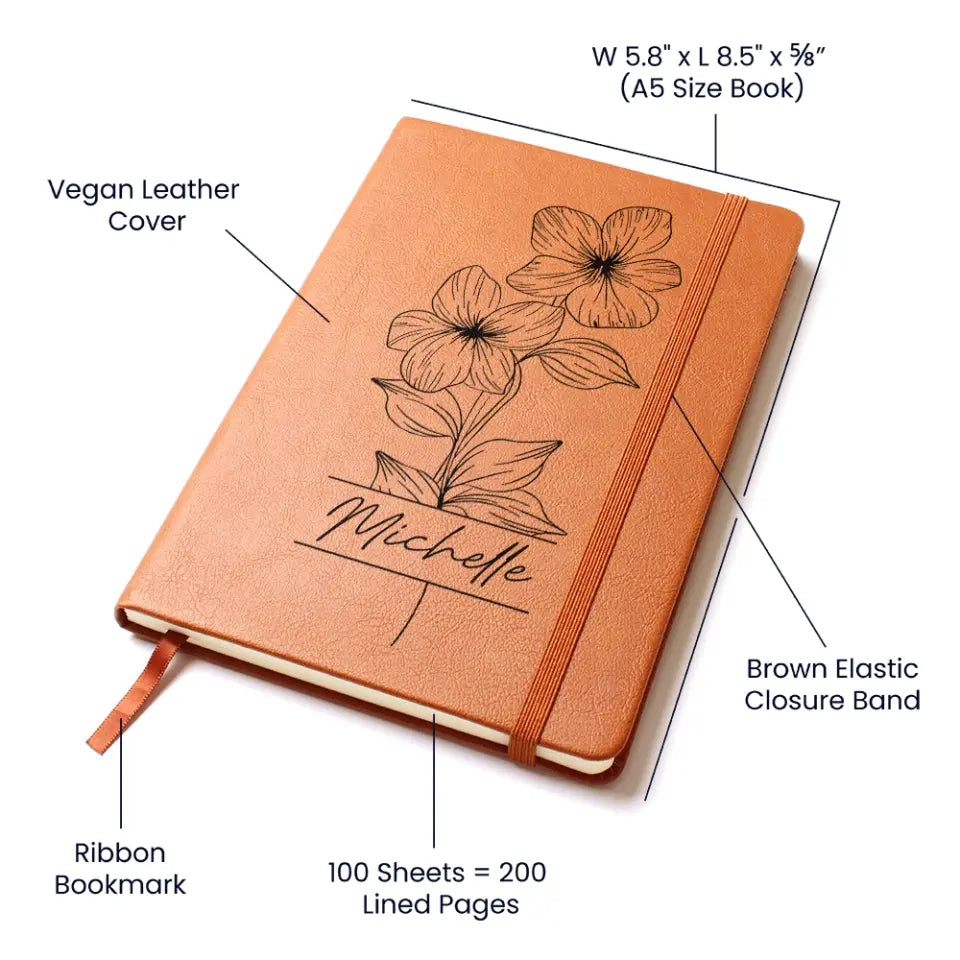 Birth Month Flowers - Custom Leather Journal - Personalized Journals with Names - Birthday Gifts for Her