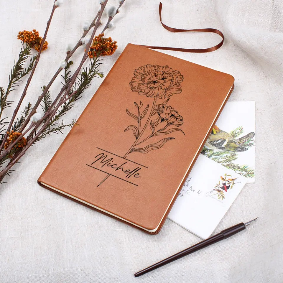 Birth Month Flowers - Custom Leather Journal - Personalized Journals with Names - Birthday Gifts for Her