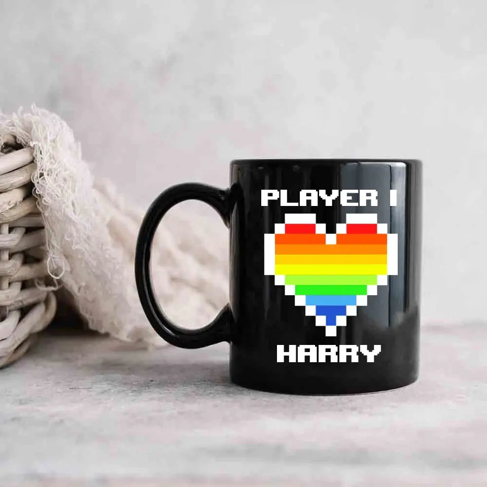 Custom Name Player One Player Two - Gay Gamer Couple Mug - Heart Matching LGBT - Wedding, Anniversary Gift for Him