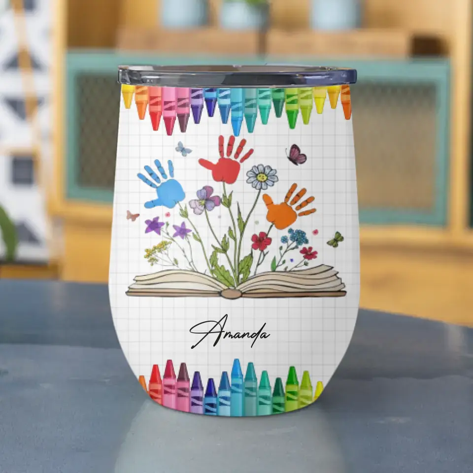 Childrens Mugs with Names - Handprints - Personalized Wine Tumbler - First Day of Kindergarten Gift for Kids