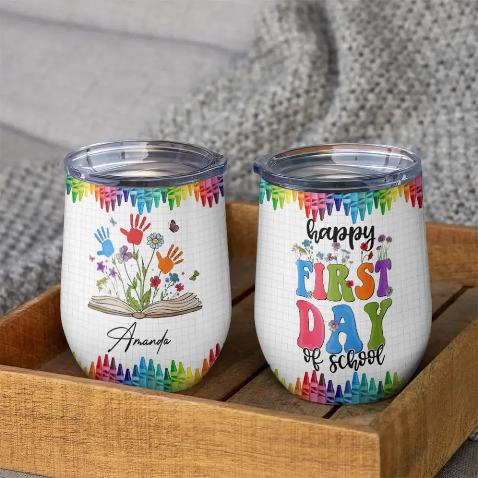 Childrens Mugs with Names - Handprints - Personalized Wine Tumbler - First Day of Kindergarten Gift for Kids