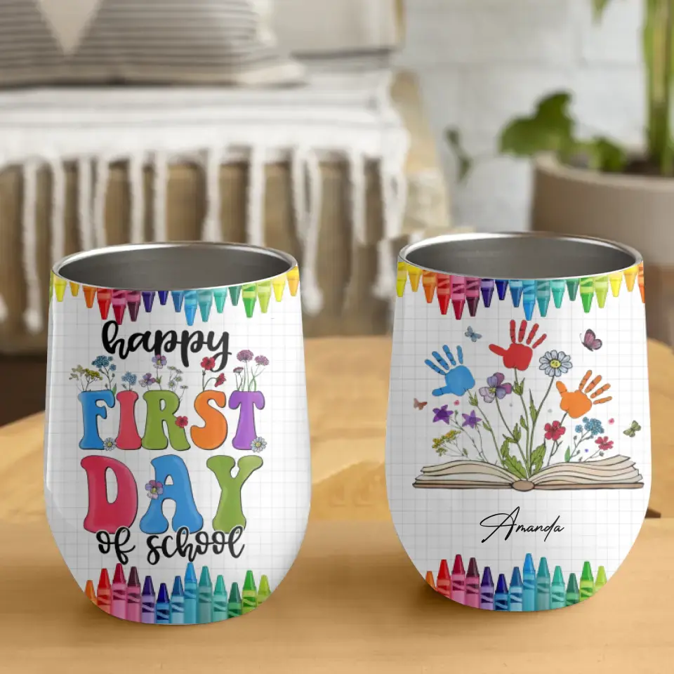 Childrens Mugs with Names - Handprints - Personalized Wine Tumbler - First Day of Kindergarten Gift for Kids