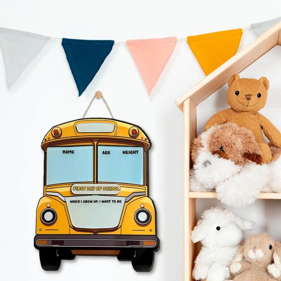 Handwriting First Day Of School - Bus-shaped Wooden Sign - Gift For Kids Children