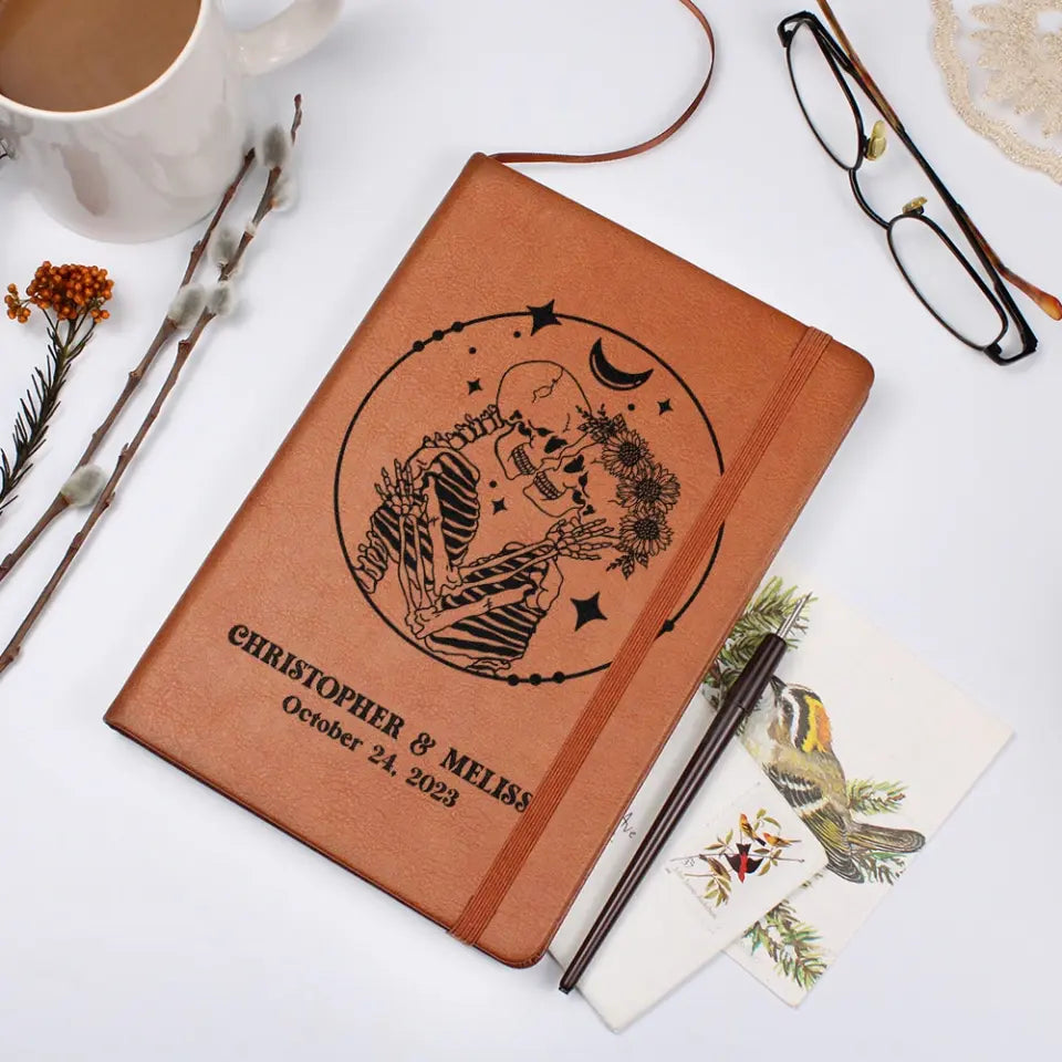 Gothic Wedding Guest Book - Personalized Graphic Leather Journal - Halloween Gift for Couples