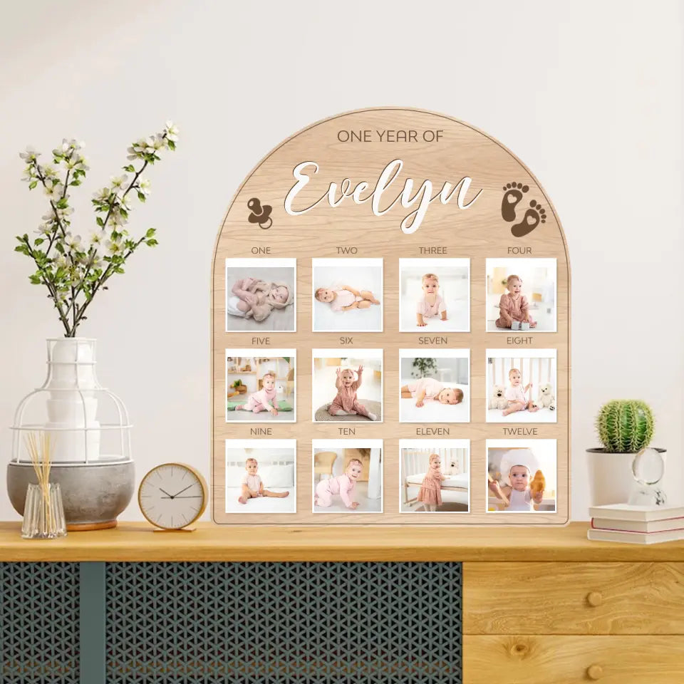 One Year Birthday - Custom Photos from 1 Month to 12 Months - Shape Wooden Sign - Birthday Gift For Baby Boys, Baby Girls