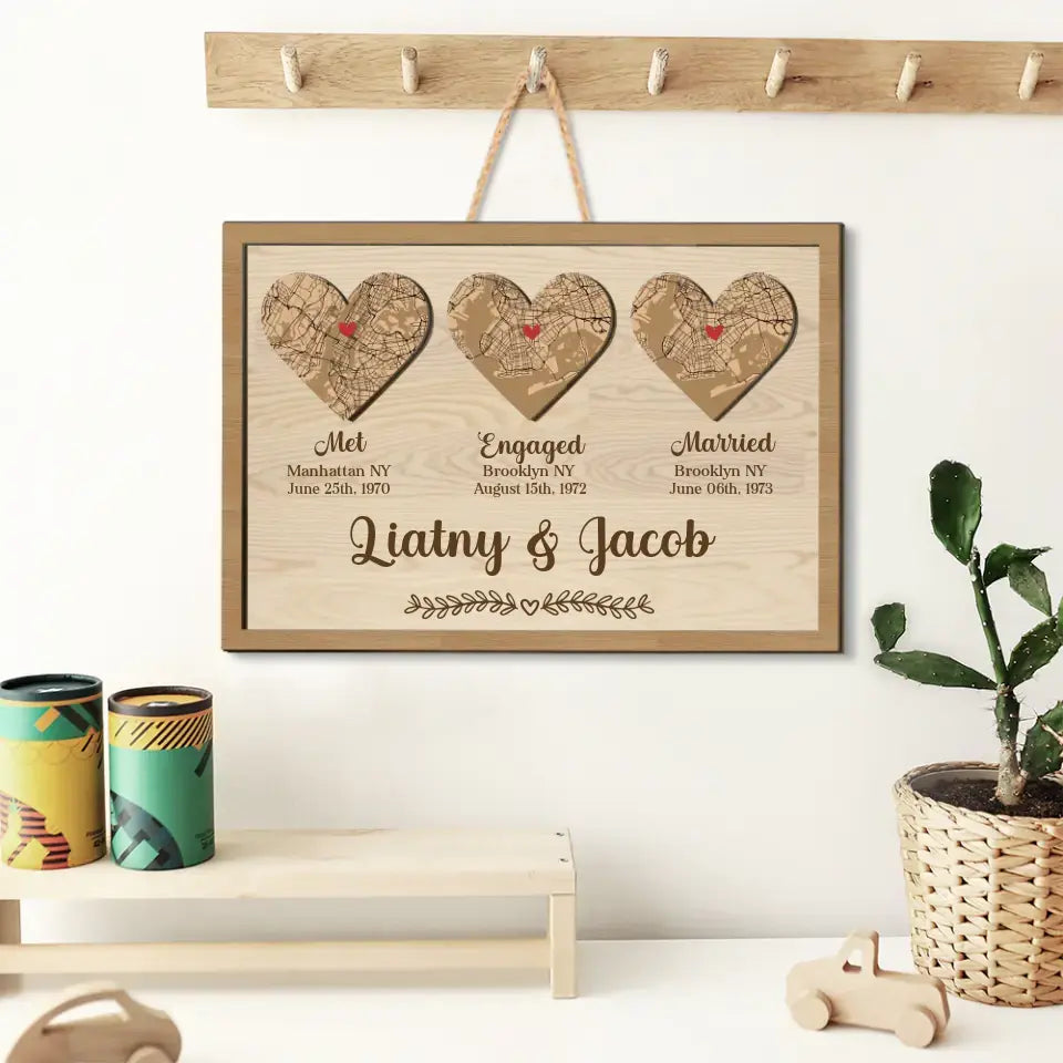Couple Wooden Sign Personalized Valentine Gifts - Heart Map When Met Engaged Married Custom Wooden Art Anniversary Gift For Couples