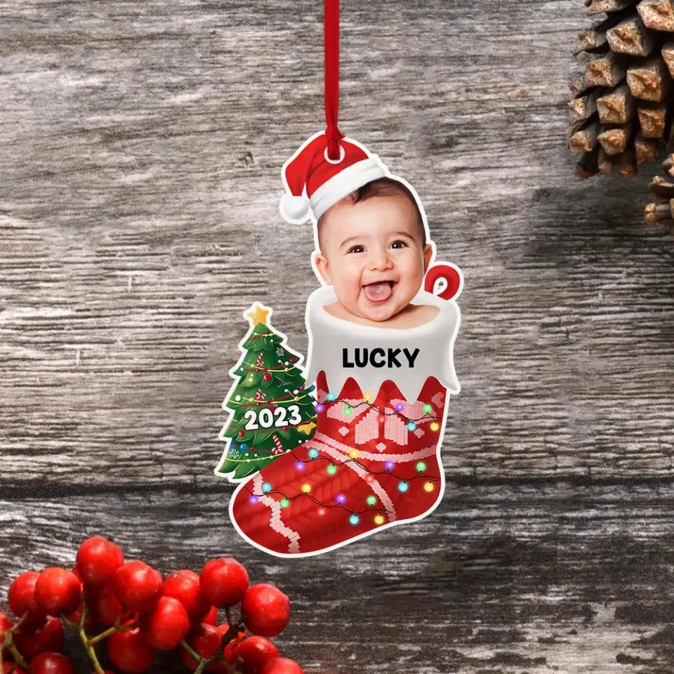 Baby In The Christmas Sock - Personalized Photo Acrylic Ornament - Christmas Gift for Newborn Baby, for New Parents