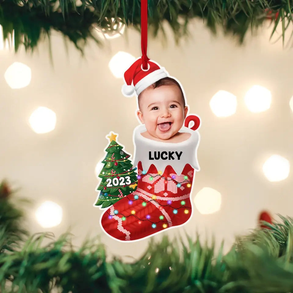 Baby In The Christmas Sock - Personalized Photo Acrylic Ornament - Christmas Gift for Newborn Baby, for New Parents