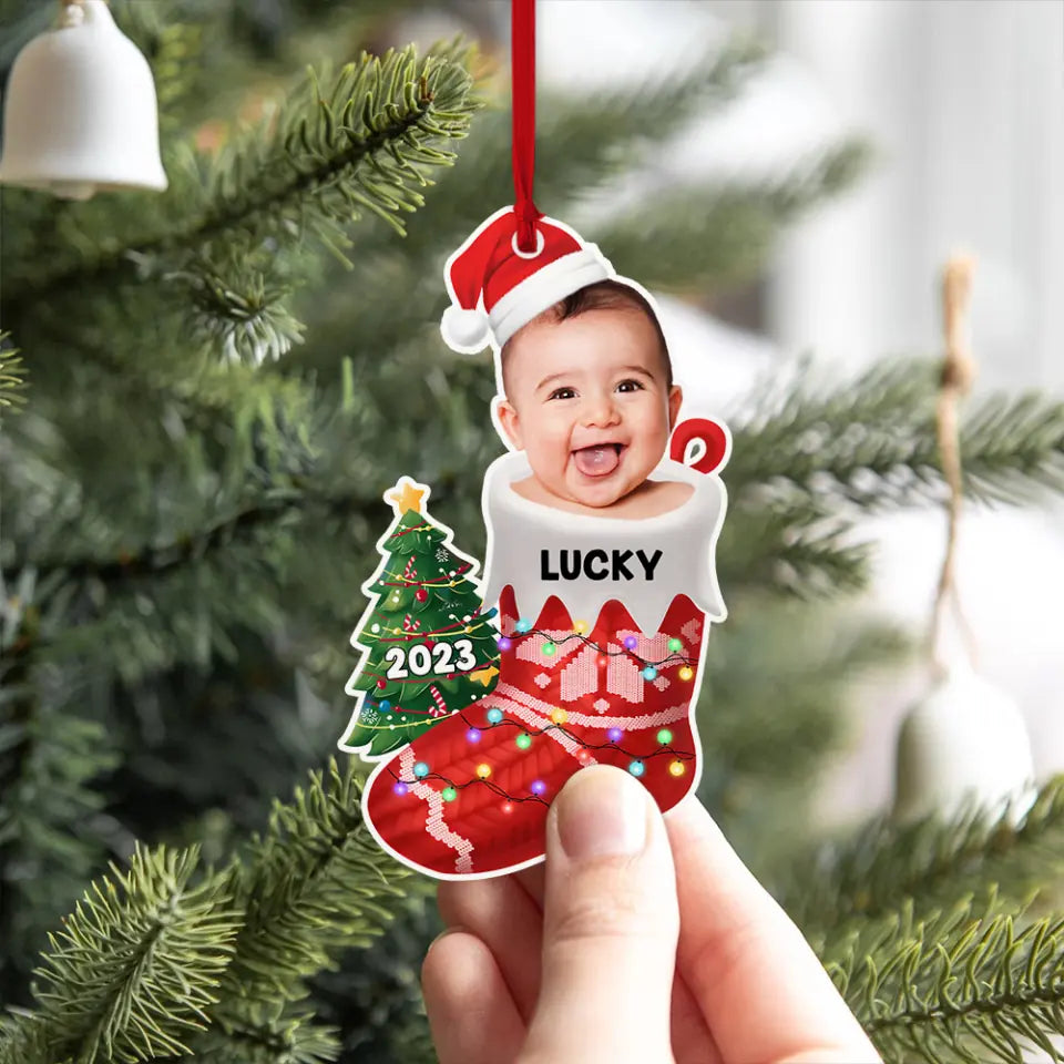 Baby In The Christmas Sock - Personalized Upload Photo Acrylic Ornament