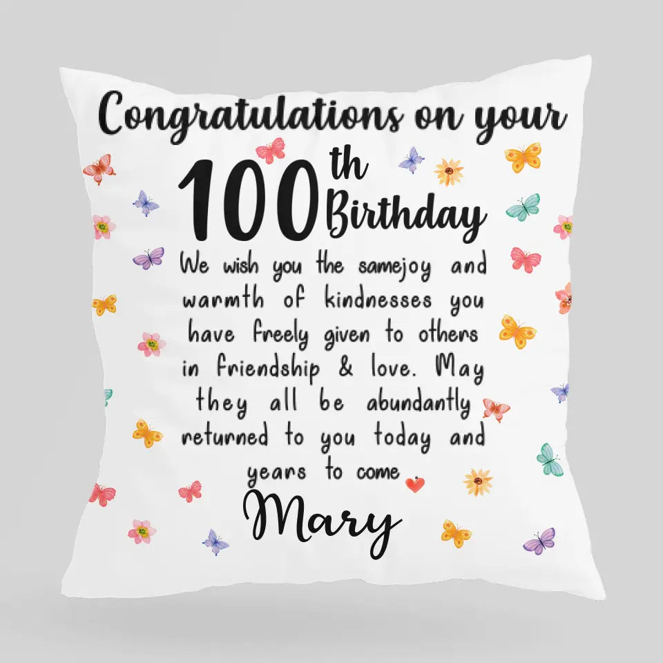 100th Birthday Congratulation Personalized Pillow Birthday Anniversary Gift