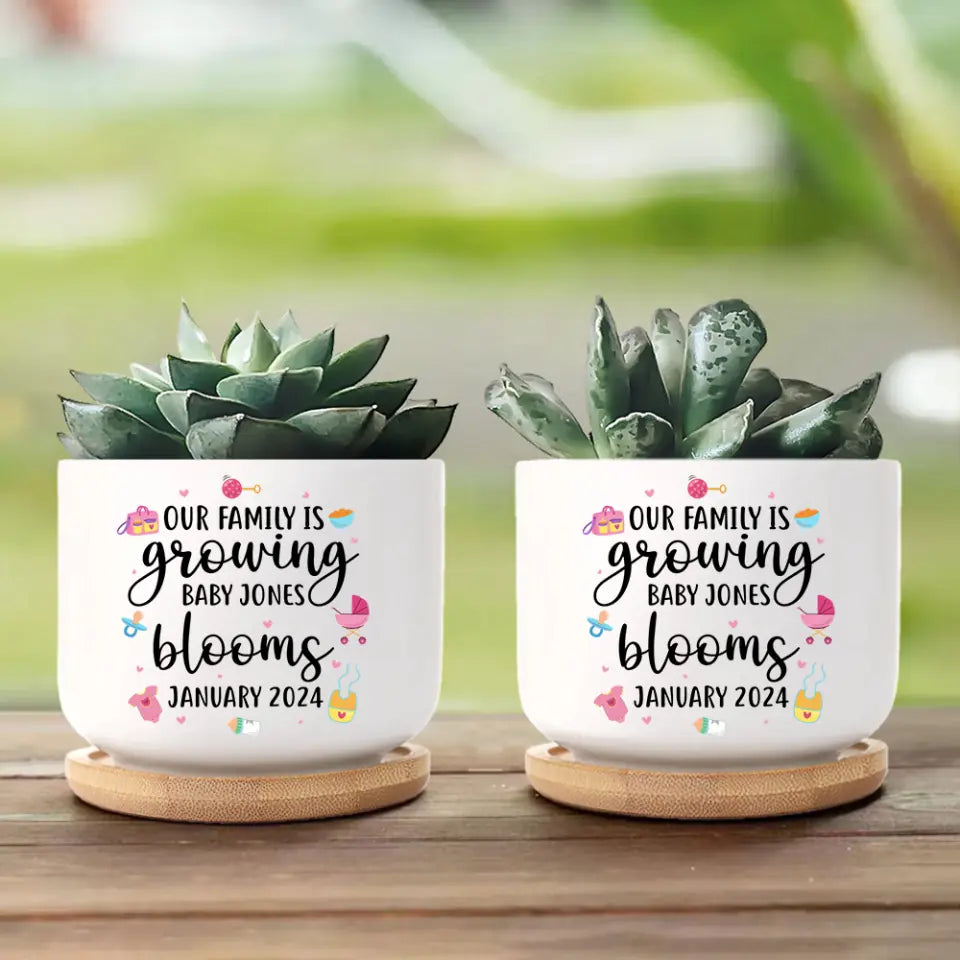 Our Family Is Growing Blooms, Personalized Ceramic Plant Pot, Gift For New Mom Pregnant Wife | 310IHPNPPO1057