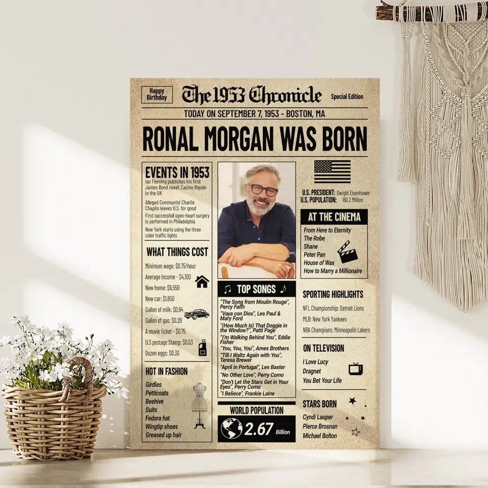 The 1953 Chronicle Events In 1953, Personalized Canvas Wall Art, Gift For 70 Years Old Birthday | 310IHPNPCA1084