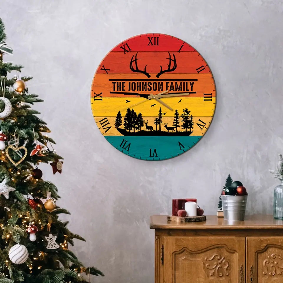 Home Sweet Time - Personalized Family Keepsake - Wall Clock - Vintage Deers - Gift For Parents, Couples
