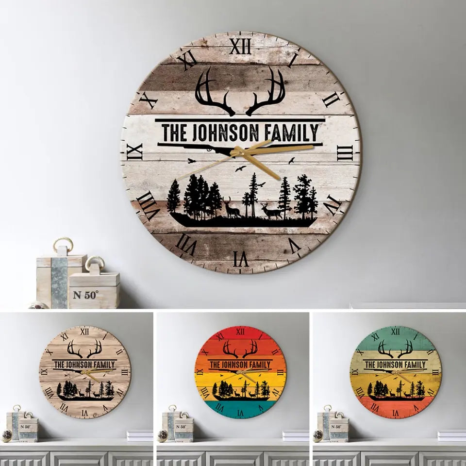 Home Sweet Time - Personalized Family Keepsake - Wall Clock - Vintage Deers - Gift For Parents, Couples