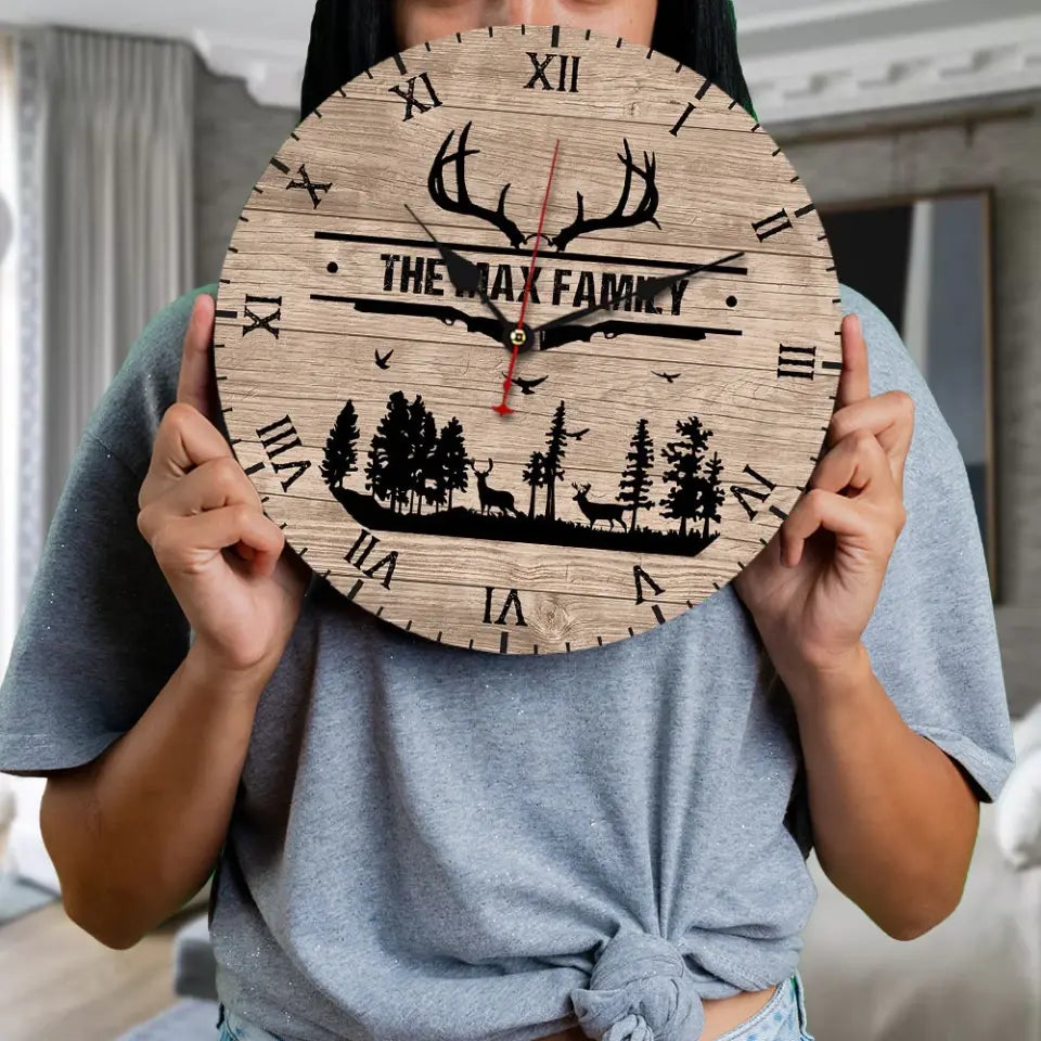 Home Sweet Time - Personalized Family Keepsake - Wall Clock - Vintage Deers - Gift For Parents, Couples
