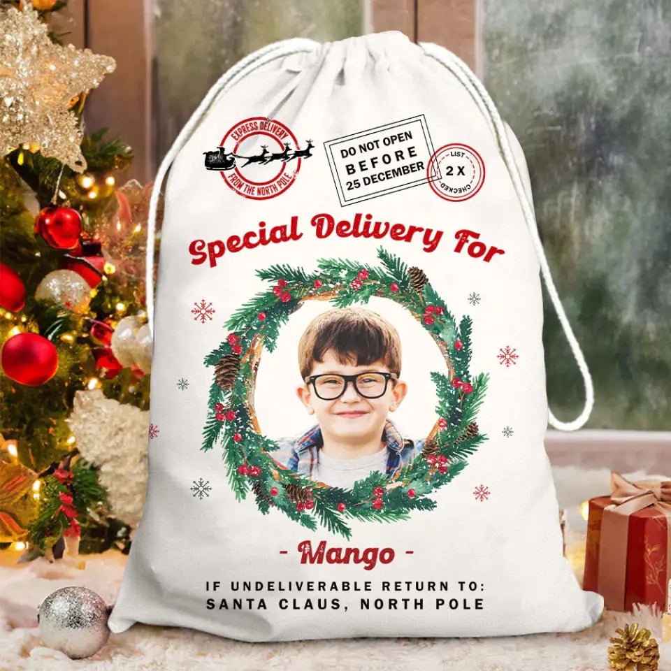 Christmas Santa Sack With Photo and Wreath - Personalized Sack