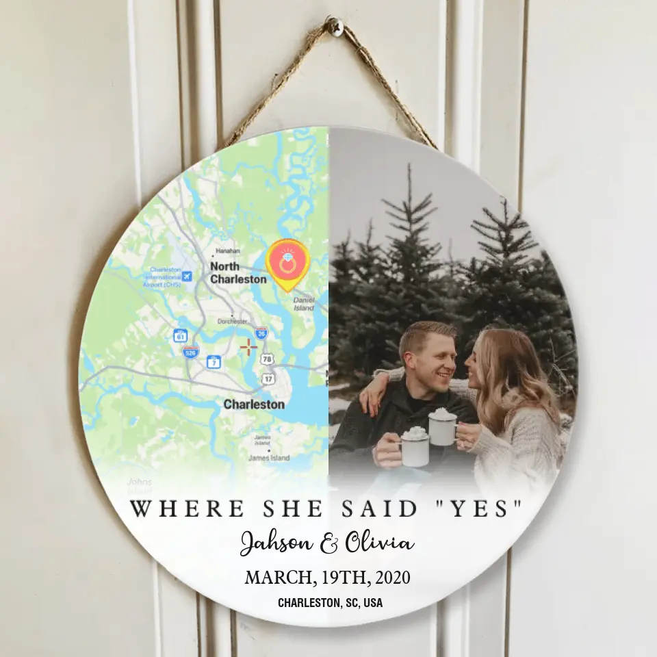 Couple Wooden Sign Where She Say Yes - Personalized Round Wooden Sign