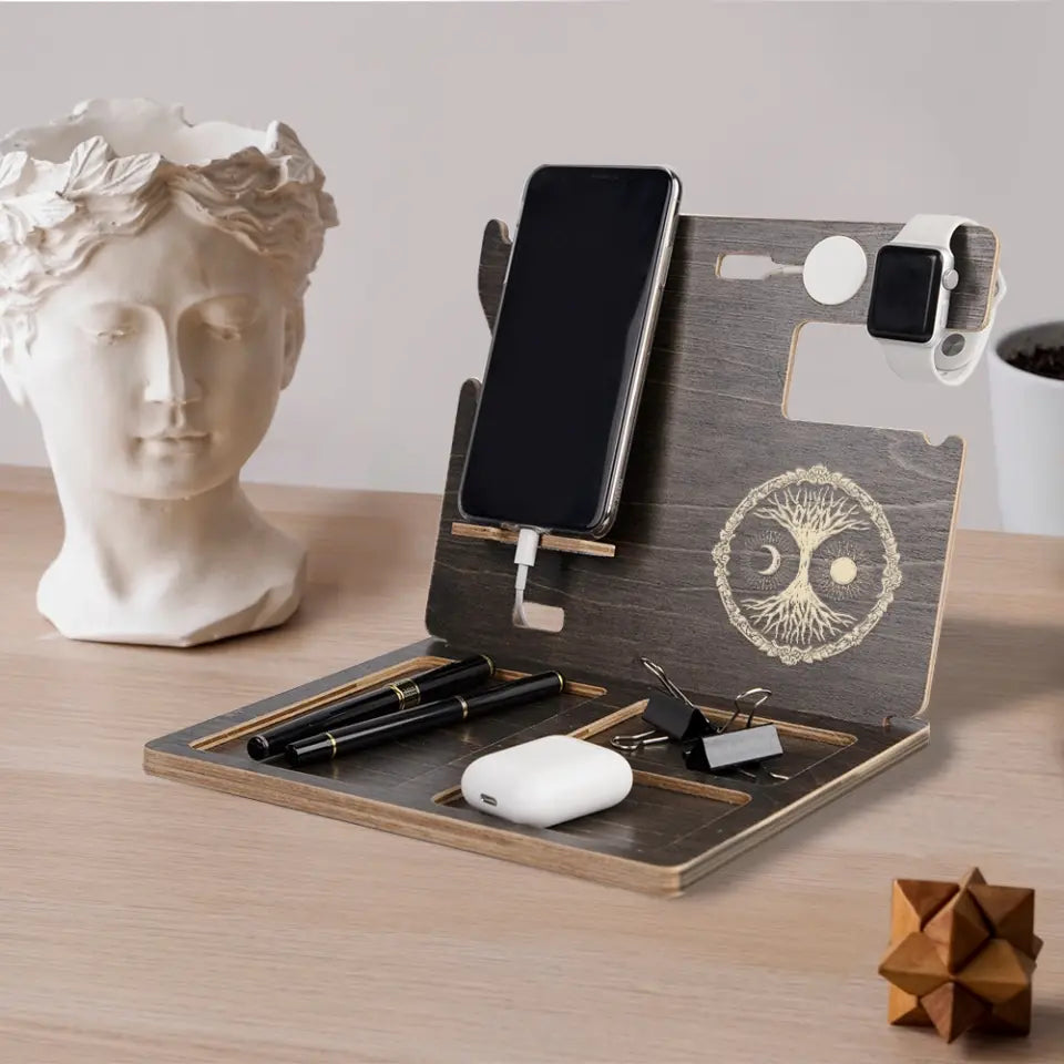 Tree Of Life Featuring Sun and Moon Symbols Personalized Wooden Dock Station