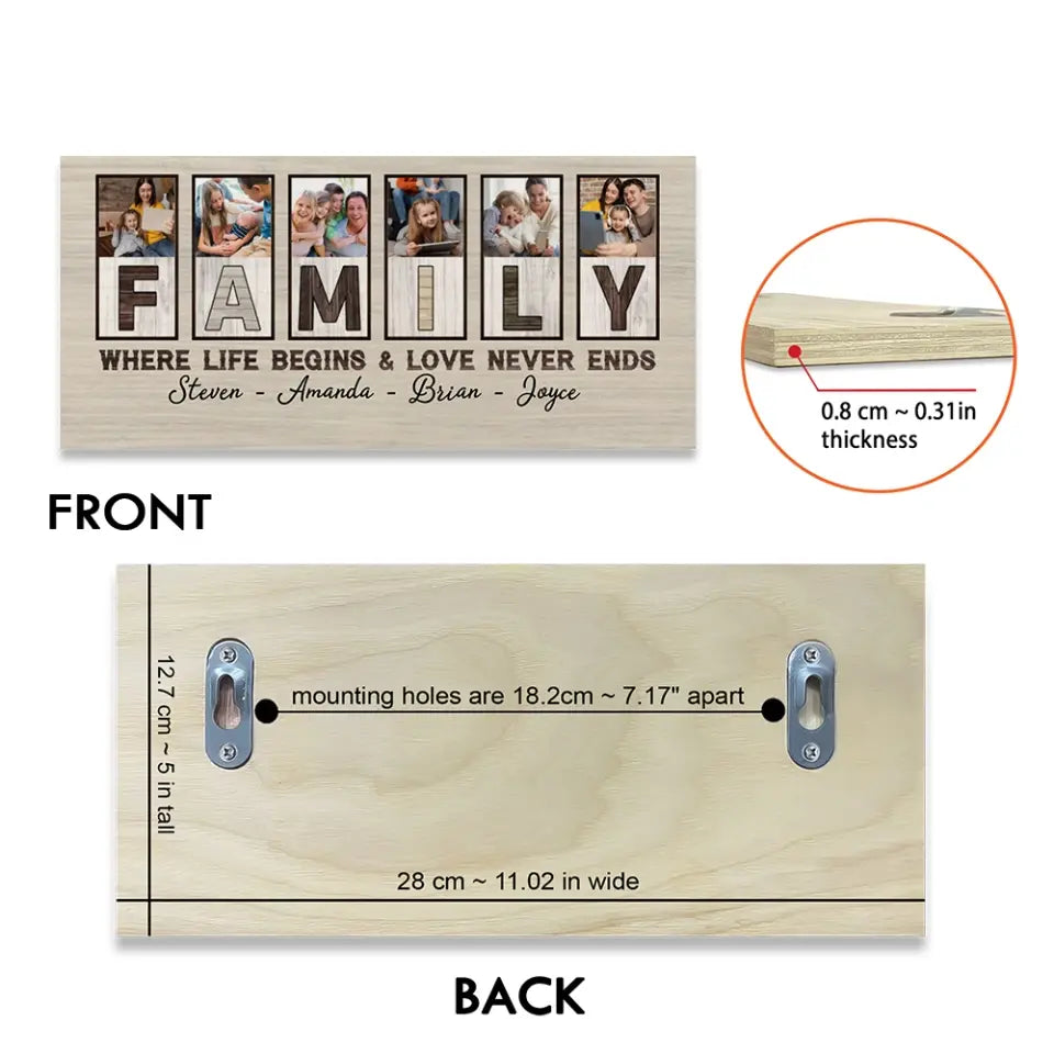 Family Where Life Begins And Love Never Ends, Custom Family Name Wooden Key Holder Hanger, Indoor Home Decor Gift