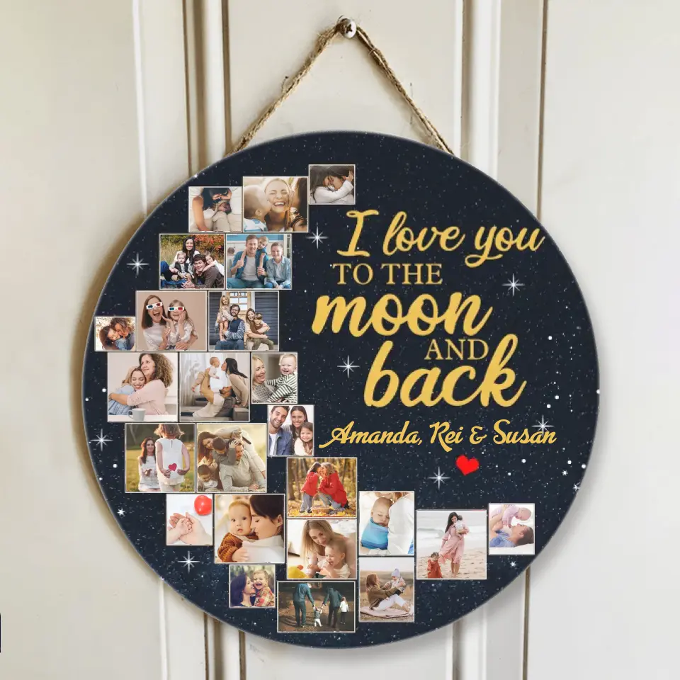 Couple Wooden Sign Love You to The Moon and Back, Custom Moon Shape Round Wood Sign, Personalized Collage Photos Gift