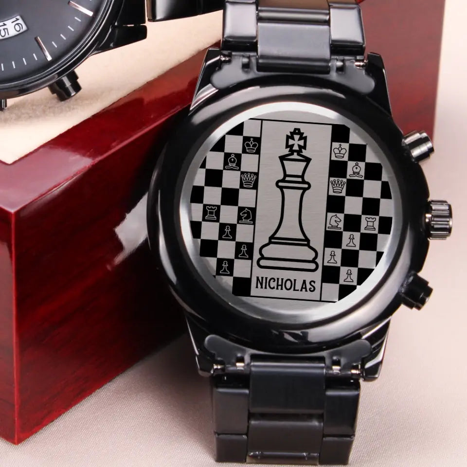 Eternal Checkmate, Chessboard Elegance, Steel Engraved Chronograph Watch, Gift For Chess Lovers | 311IHPBNWA1246
