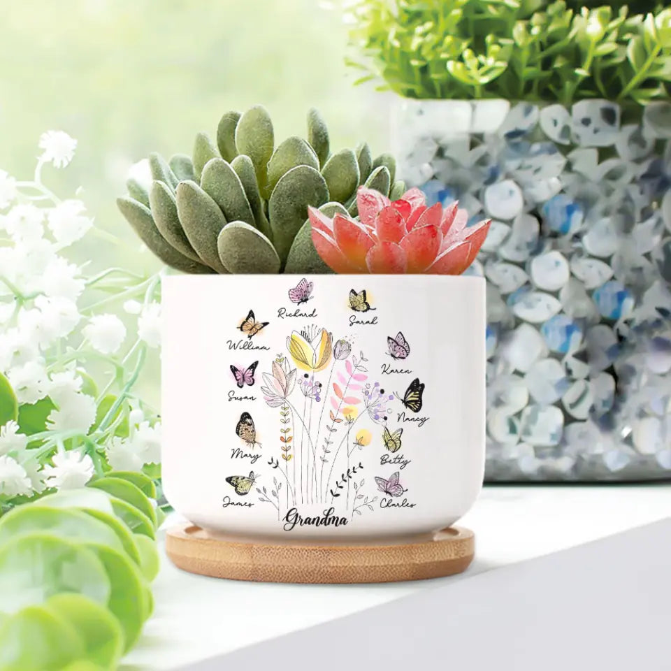 Garden Of FLower With Children&#39;s  Names, Personalized Ceramic Plant Pot, Gift For 
 Grandma, Aunt, Mommy |  308IHPLNPO962