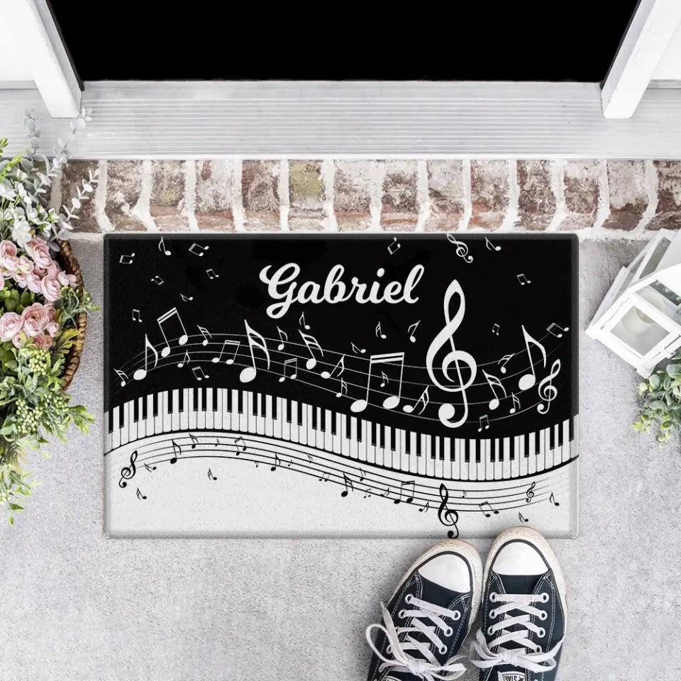Abstract Piano Music Note Black White - Personalized Doormat - Gift For Music or Piano Lovers