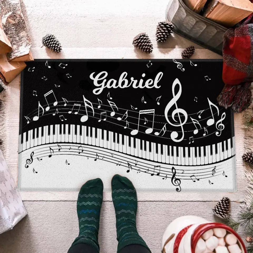 Abstract Piano Music Note Black White - Personalized Doormat - Gift For Music or Piano Lovers