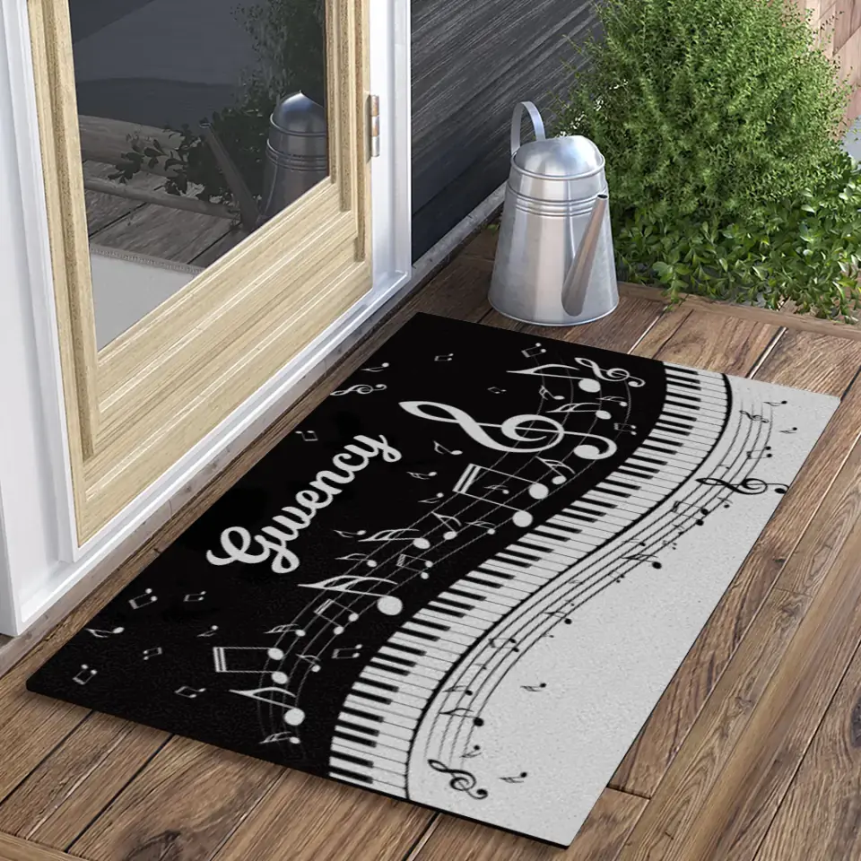 Abstract Piano Music Note Black White - Personalized Doormat - Gift For Music or Piano Lovers