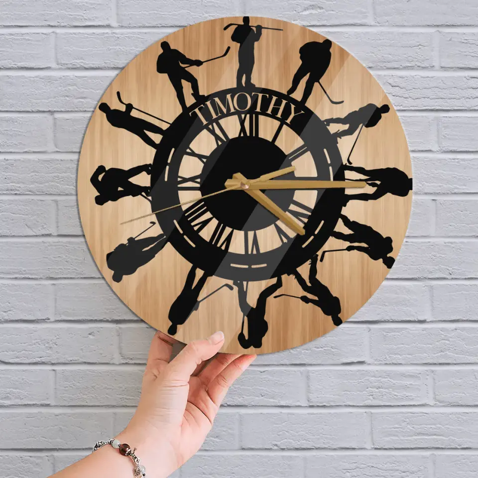 Hockey Players Pattern Wall Clock - Wooden/Acrylic Clock - Gift For Hockey Lovers, Players, Sport Fan