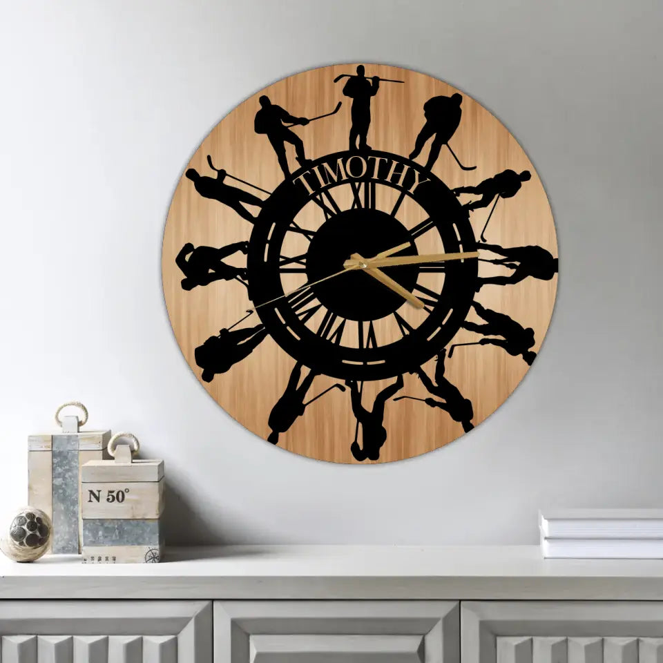 Hockey Players Pattern Wall Clock - Wooden/Acrylic Clock - Gift For Hockey Lovers, Players, Sport Fan
