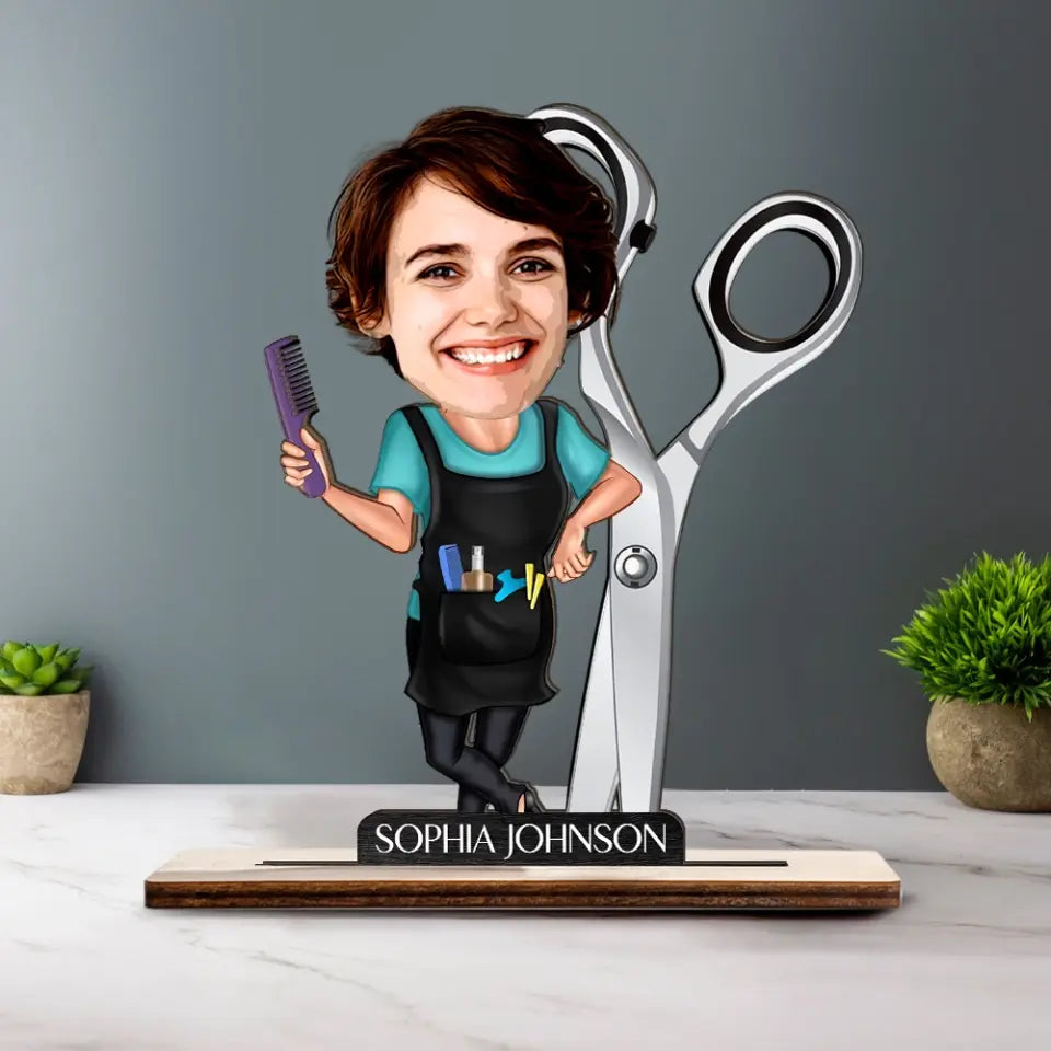 Personalized 3D Wooden Cartooned Hairdresser, Custom Wooden Plaque, Gift For Barber, Hair Stylist | 312IHPLNWP13458