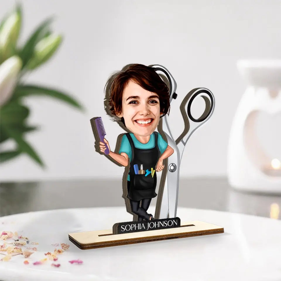 Personalized 3D Wooden Cartooned Hairdresser, Custom Wooden Plaque, Gift For Barber, Hair Stylist | 312IHPLNWP13458