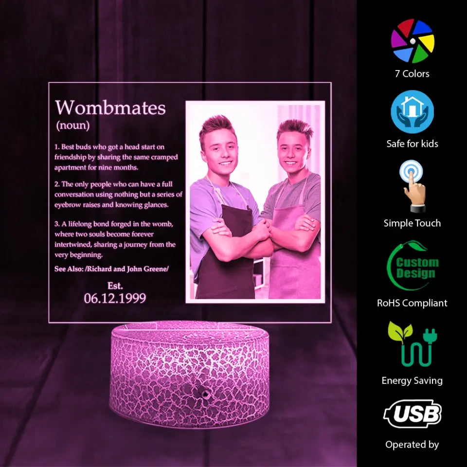 Wombmates, Family Twins, Upload Photo Printed Night Light, Anniversary Gift For Twins | 309IHPLNLL755
