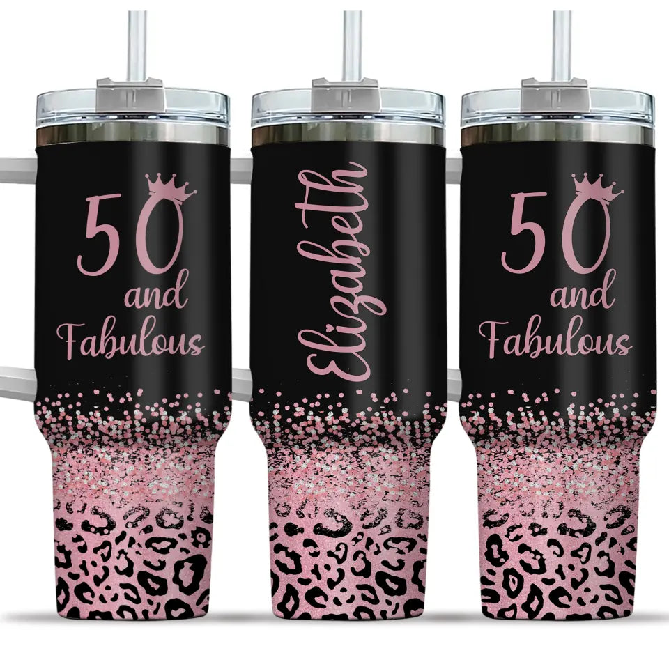 Fifty & Fabulous - 50th Birthday Gift for Women, Mom - 40oz Tumbler with Handle - Tumbler Cup Gifts
