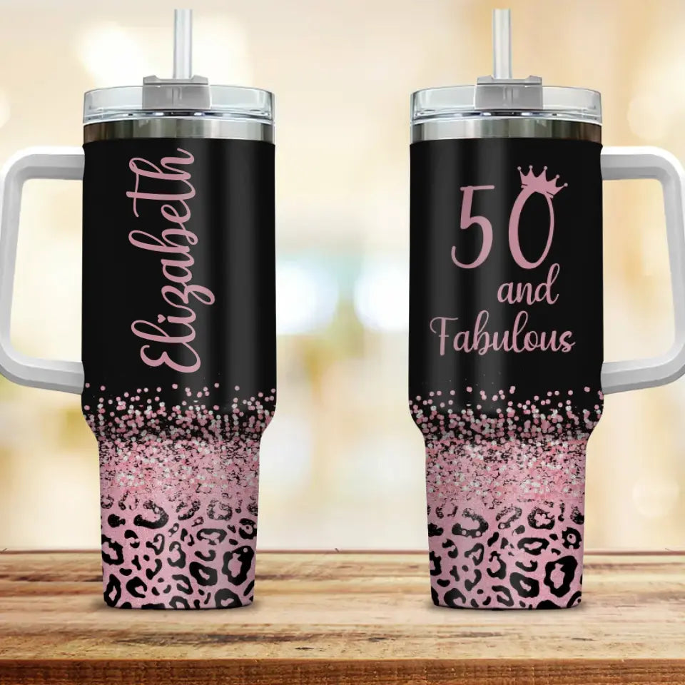 Fifty & Fabulous - 50th Birthday Gift for Women, Mom - 40oz Tumbler with Handle - Tumbler Cup Gifts