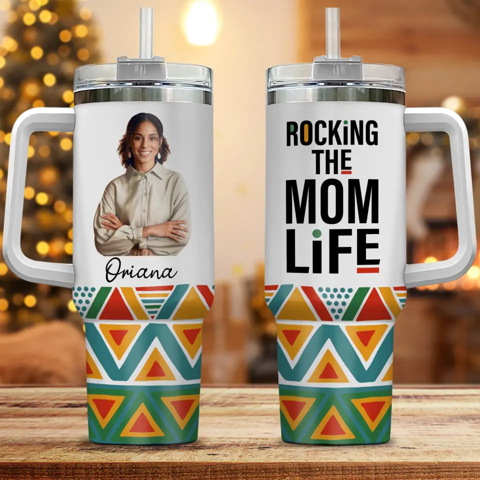 Rocking the Mom Life - Gift for Black Mom - 40oz Tumbler with Handle - Gift for Mother&#39;s Day, Birthday, Christmas