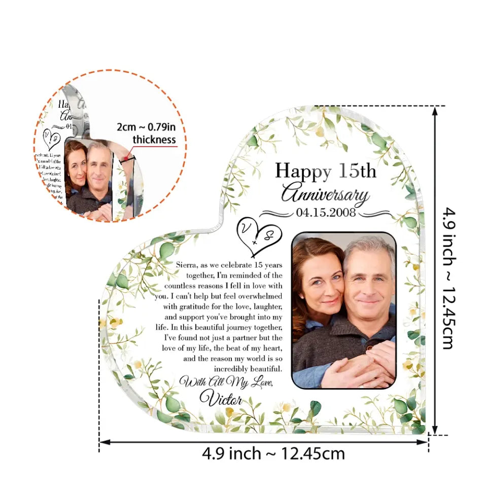 15th Anniversary Gift for Husband Wife Personalized Heart Acrylic Plaque
