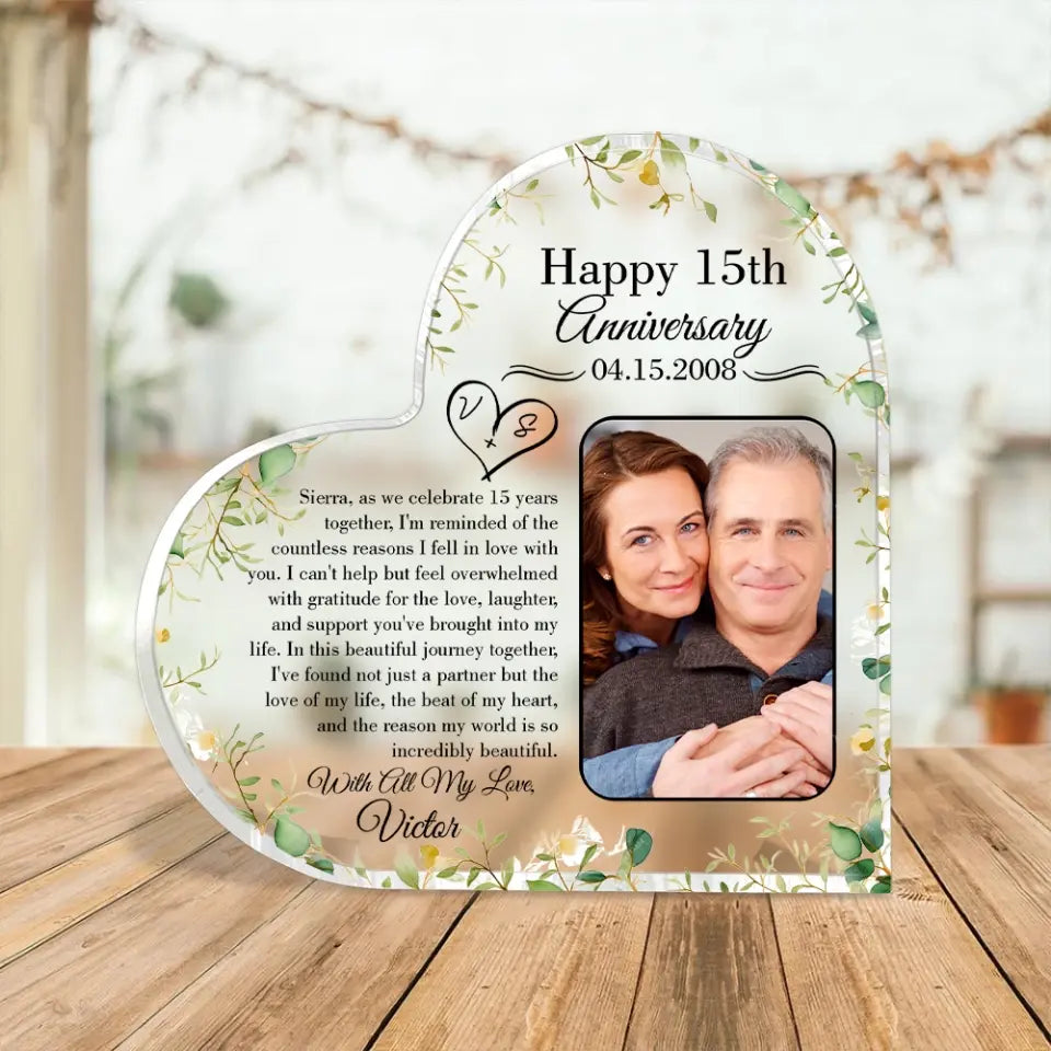 15th Anniversary Gift for Husband Wife Personalized Heart Acrylic Plaque