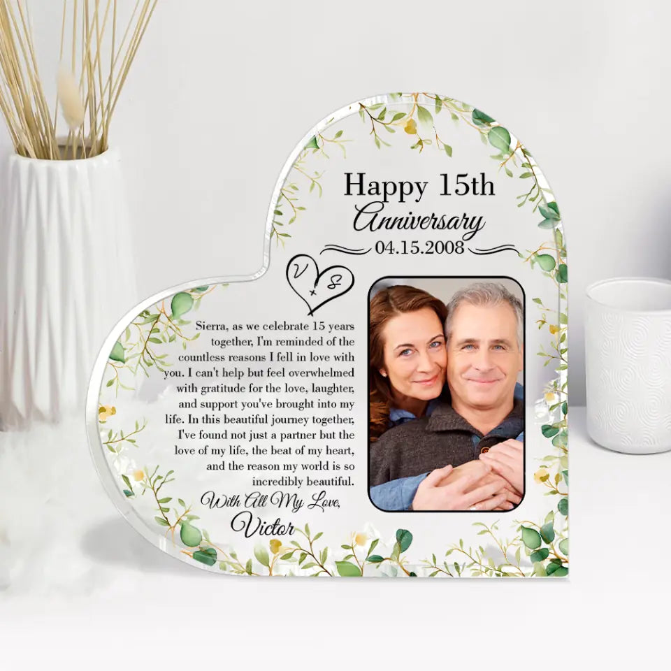 15th Anniversary Gift for Husband Wife Personalized Heart Acrylic Plaque