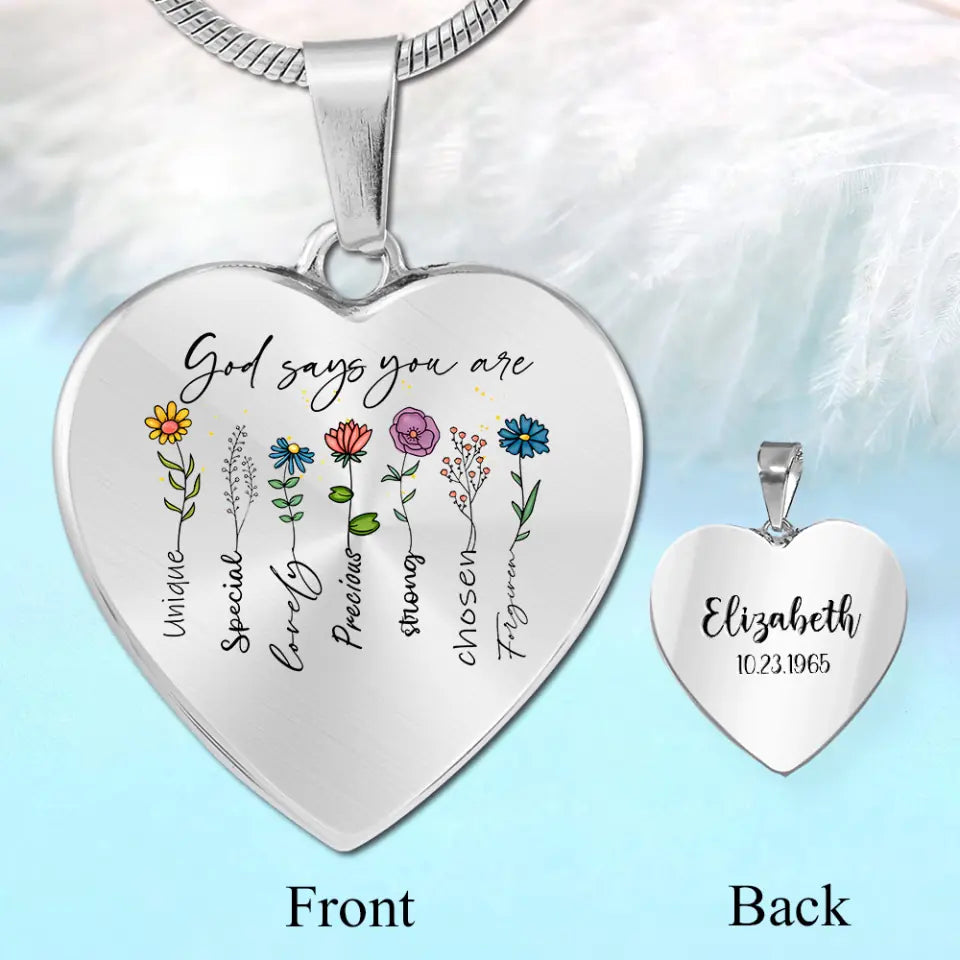 Christian Birthday Gift for Girls Women God Says You Are Flowers Heart Luxury Necklace Engraved Name