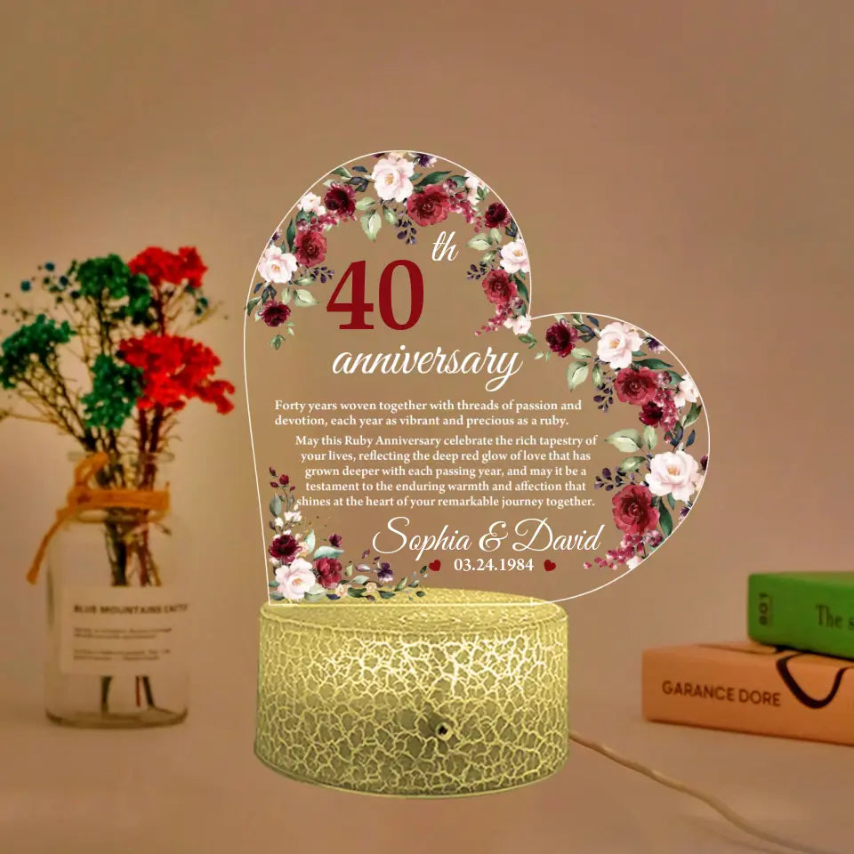 40th Anniversary Gift for Husband Wife Floral Led Light Ruby Anniversary Keepsake